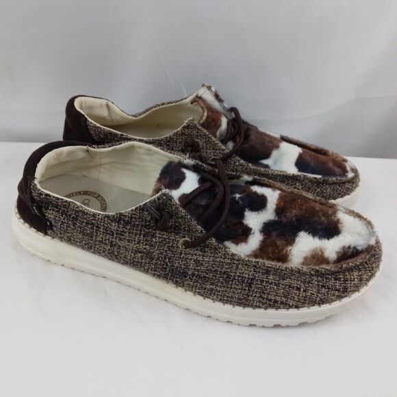 Hey Dude Shoes - Hey Dude Wendy Shoes Cow Print Tweed Brown Womens Size 8